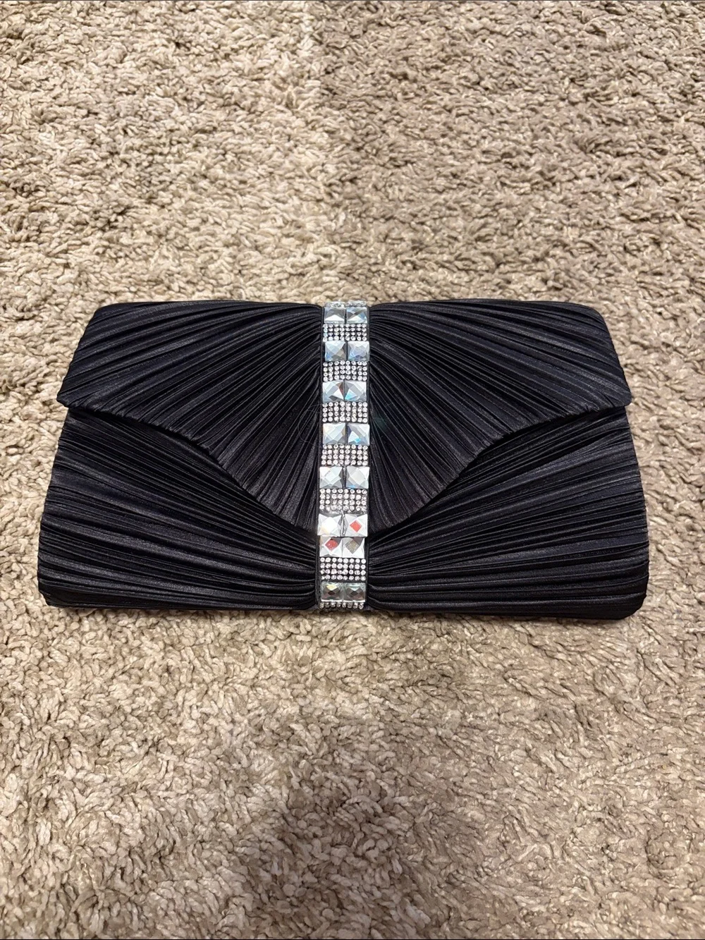 Jessica McClintock Elegant Black Pleated Evening Clutch with Crystal Accent